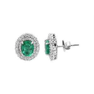 Vente en gros de boucles d'oreilles à double halo en or blanc 18 carats avec émeraude ovale naturelle et diamants, Memoria Jewels - Product Image 4