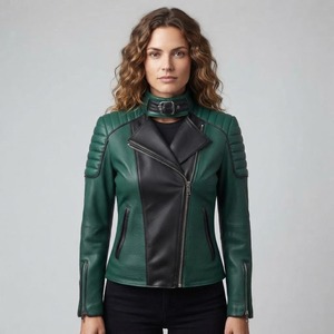 Chaqueta de Motociclista de Cuero Genuino para Mujer, Color Verde y Negro, Manga Larga, Cierre de Cremallera, Cuello Alto, Abrigo de Motociclista, Ropa de Abrigo para Otoño - Product Image 2