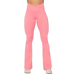 กางเกงโยคะเอวสูงทรงขาบาน ยาวเต็มตัว ป้องกันรังสียูวี ยืดได้สี่ทิศทาง ระบายอากาศได้ดี สีชมพู ผ้าทอ ผสมสแปนเด็กซ์และโพลีเอสเตอร์ - Product Image 1
