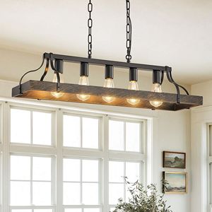 34-Inch Antique Style Dining Room Chandelier Black Gold Vintage Pendant <b>Light</b> with 5 E26 Bulb <b>Sockets</b> Adjustable Chain Height - Product Image 1
