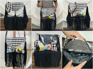 New 2025 Hand <b>Tooled</b> Checkered <b>Leather</b> PVC Clear Transparent Women's Handbag Luxury Fashion Design Zipper Crossbody Fringe Bags - Product Image 3