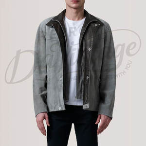 Veste en daim gris pour homme de qualité supérieure, col en cuir marron contrastant, coupe ajustée, style urbain, veste décontractée en daim - Product Image 6