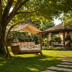 Sillón Colgante de Lujo de Madera de Teca Sólida para Exteriores con Toldo, Sofá Colgante Moderno para Jardín, Patio, Balcón, Villa o Resort - Product Image 1