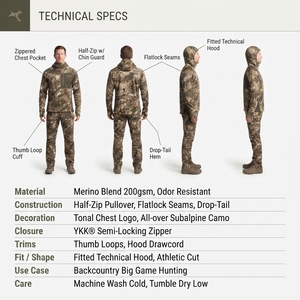 OEM <b>Men's</b> Adults Heavyweight Grid Fleece Merino Blend <b>Camo</b> Performance Breathable Moisture-Wicking Hunting Half-Zip <b>Hoodie</b> - Product Image 5