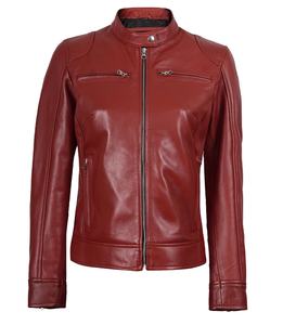 DARKRY Blouson de moto pour femme en cuir véritable rouge, coupe ajustée, coupe-vent, écologique, style Cafe Racer, en tissu satiné, hiver - Product Image 1