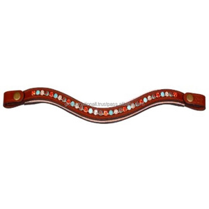 Comfortable Soft padded Tan Brown Genuine Leather Horse brow <b>band</b> with multicolor Glittering stones and <b>snap</b> button loop - Product Image 1
