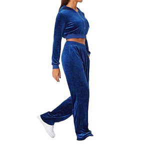 Ensemble de jogging 2 pièces en velours personnalisé pour femme, avec pantalon évasé, fermeture éclair et strass, collection hiver 2026 - Product Image 5