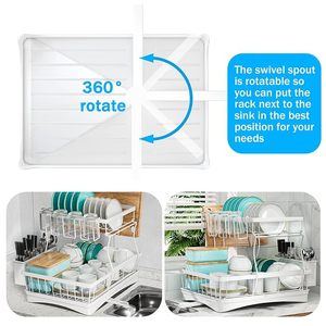 Égouttoir à vaisselle à 2 niveaux avec porte-couverts et paniers à ustensiles, égouttoir en métal blanc pour la cuisine - Product Image 3