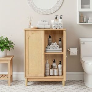 Mobile da Bagno in Truciolato con Finitura in Melamina e Rattan, Colore Legno Naturale, 60*30*80cm, Doppia Anta - Product Image 1