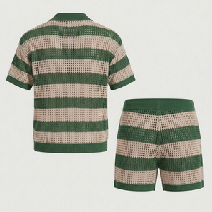 Conjunto deportivo de malla tejida para hombre, camisa de manga corta con botones y pantalones cortos con cordón, conjunto de 2 piezas para hombre - Product Image 2