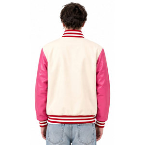 Bold Urban Style 2027 Varsity Jacket Men's PU <b>Leather</b> Sleeve Baseball Jacket Embroidered Letterman Coat Red Pink White - Product Image 5