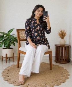 FANCY RAYON DIGITAL PRINT WORK <b>TOP</b> PALAZZO SET OFFICE WEAR WHOLESALE PRICE ETHNIC GARMENT BLUE WHITE - Product Image 3