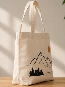 Mountain Print Cotton Canvas Tote Bag Eco Friendly <b>Cream</b> Large Capacity Outdoor Sunset Landscape Shoulder <b>Handbag</b> Reusable Tote - Product Image 4