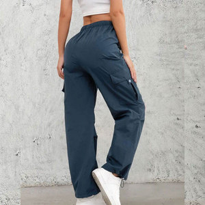 Pantalon cargo bleu marine pour femme, taille élastique avec cordon de serrage, plusieurs poches, décontracté, respirant, pour l'automne, en polyester tissé - Product Image 4