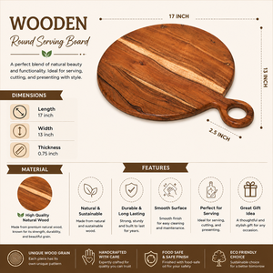 Grande planche à découper ronde en bois avec poignée |   Planche à découper et à servir en bois artisanale |   Plateau de pizza, fromages et charcuterie - Product Image 5