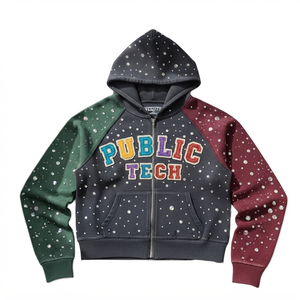 Sudadera con capucha y cremallera de pedrería unisex, de manga regular, tejida, oversize, con bloques de color, estilo streetwear, para otoño, transpirable - Product Image 1