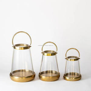 Set of 3 Modern Slim <b>Black</b> & Gold Glass <b>Lanterns</b>, Metal <b>Candle</b> Holders <b>Lantern</b> for Home Decoration - Product Image 1