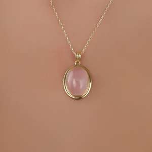 Collar con Colgante Ovalado de Cuarzo Rosa, Plata de Ley 925, Chapado en Oro de 14K, Piedra Preciosa Natural, Regalo para Niñas y Damas de Honor, Joyería Étnica - Product Image 1