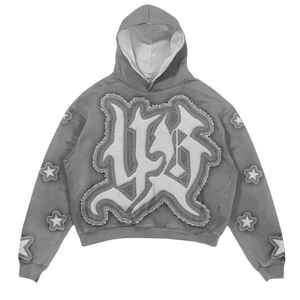 ชุดแทรคสูทปักโลโก้เชนิลล์แบบกำหนดเองสำหรับผู้ชาย สไตล์ Y2K สตรีทแวร์ สีเทา ลายดาวปัก ชุดฮู้ดดี้และกางเกงจ็อกเกอร์ทรงโอเวอร์ไซส์ ผ้าฟลีซสองชิ้น - Product Image 3