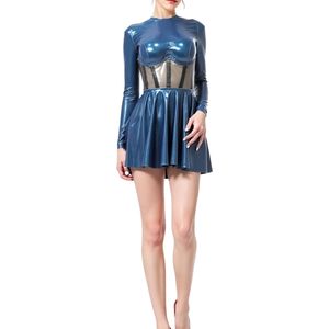 Minivestido sexy azul de PU con cuello alto, manga larga, corte ajustado y acampanado, con panel transparente, para fiesta - Product Image 1