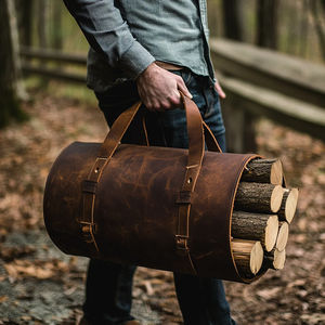Sac de transport robuste pour bûches avec poignées en cuir, échantillon gratuit, cuir ciré de luxe pour poêles à bois et cheminées - Product Image 1