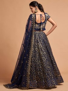 Navy Blue Thread Embroidered Net A-Line <b>Lehenga</b> Choli Semi-Stitched Polyester/Cotton Party Wedding Outfit with Dupatta - Product Image 3