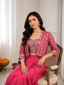 Women <b>RED</b> Embroidered Ethnic Dress Set With Floor-Length Skirt And <b>Crop</b> <b>Top</b> Traditional Party Wear India Pakistan Style - Product Image 4