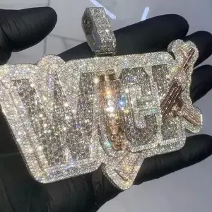 Pendentif personnalisé en argent sterling plaqué or avec lettre, serti de moissanite véritable ronde de 7 carats, style hip-hop, cadeau pour femme - Product Image 4