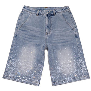 Pantalones Cortos de Mezclilla para Hombre, Estilo Urbano, Lavado Vintage Personalizado, Cintura Media, Tejido con Parches y Pedrería - Product Image 1