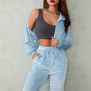 Femmes 2 pièces velours vêtements de sport automne couleur unie à manches longues fermeture éclair sweat Joggers pantalon entraînement Fitness ensembles bouton côtelé - Product Image 2