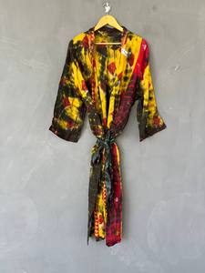 Kimono largo de algodón con cuello en V y efecto tie-dye, kimono bohemio de algodón hecho a mano para mujer, túnica colorida con efecto tie-dye - Product Image 3