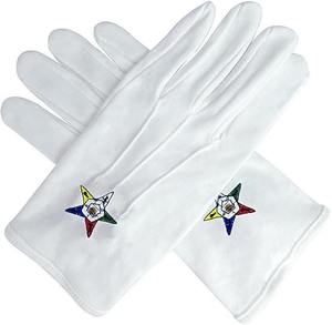 Gants maçonniques en coton blanc 100% avec l'insigne de l'Ordre de l'Étoile d'Orient - Étoile OES sur le dessus - Product Image 5