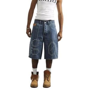 Shorts en jean rétro personnalisés de haute qualité pour hommes, coupe ample, surdimensionnés, avec rivets et strass, Jorts pour hommes - Product Image 3