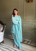 Setelan Kurta Sutra Biru Langit Siroski dengan Hiasan Berlian, Dupatta Renda Mewah, Salwar Jahit, Gaun Etnik dengan Hiasan Berlian, Bahan Berkilau