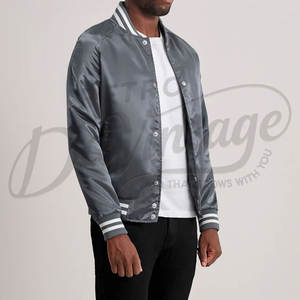 Blouson bomber en satin gris pour homme avec poignets côtelés rayés et fermeture à boutons-pression, vêtement d'extérieur léger de qualité supérieure - Product Image 5