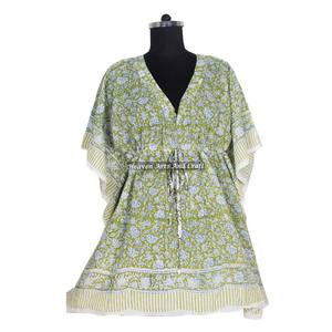 Robe Kaftan pour femmes en coton 100% - Imprimé à la main - KFCS066 - Légère - Vêtement décontracté pour occasions spéciales - Robe Kaftan courte - Product Image 5