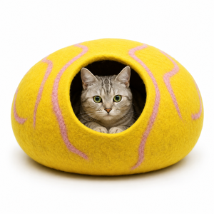 100% Wool Felted Eco-Friendly <b>Cat</b> Bed Cave Handmade Nepal Yellow Oval Striped Pattern Modern Luxury Fashionable Removable All - Product Image 1