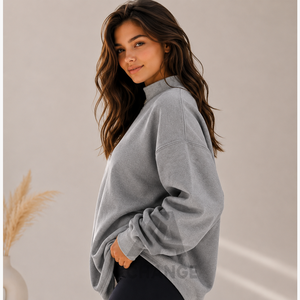 Sweat-shirt tricoté imprimé surdimensionné à épaules tombantes pour femme avec col montant, gris, 100 % coton respirant, pour l'hiver - Product Image 3