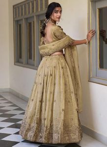 Conjunto de Lehenga Choli beige bordado con mangas tres cuartos, cuello redondo, corte en A, largo hasta el suelo, estilo clásico - Product Image 3