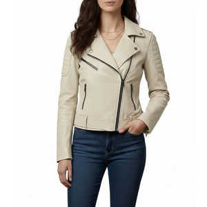 Veste courte en cuir d'agneau beige classique de qualité supérieure pour femmes Leathertex - Taille XS pour la saison d'automne - Product Image 4