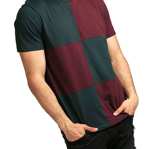 Men's Color Blocked <b>Patchwork</b> T-<b>Shirt</b> Short Sleeve O-Neck Regular Fit Casual Knitted Design Teal And Burgundy - Product Image 4