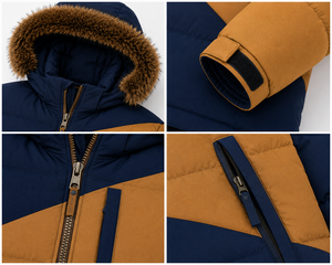 OEM Mens Winter Puffer Jacket Ripstop Nylon Custom <b>Rubber</b> Patch Windproof Insulated Color <b>Block</b> Hooded Coat - Product Image 5