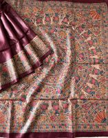 Designer Handbemalter Madhubani Traditioneller Mithila-Malerei Bodenlanger Desi Tasar Sari für Frauen Ethnische Knitterfreie Wendbare Kleidung