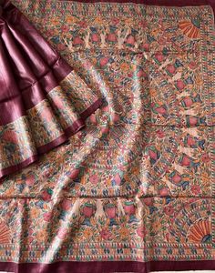 Designer Hand Painted Madhubani Traditional Mithila Painting Floor-Length Desi Tasar <b>Saree</b> <b>Women</b> Ethnic Wrinkle-Free Reversible - Product Image 3