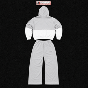 Silver <b>White</b> Color Block Tracksuit <b>Men</b> Full Zip Hoodie With Matching <b>Jogger</b> Pants Premium Two Piece Sports Outfit Modern Casual - Product Image 6