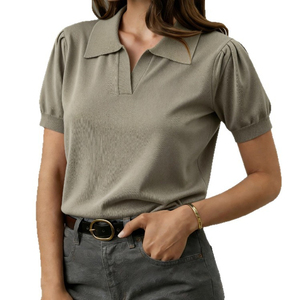 <b>Women's</b> Embroidered <b>Polo</b> <b>Shirt</b> Short Sleeve Knitted Casual Pullover Solid Color Couple Tee - Product Image 3