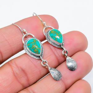 Boucles d'oreilles en pierre précieuse turquoise verte en forme de poire, en argent sterling 925, style vintage, bijoux faits à la main, cadeau pour femmes - Product Image 3