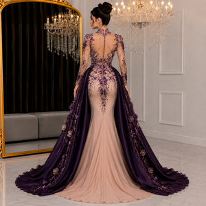 Royal Plum Nude Illusion Mermaid Evening Gown 3D Floral Embroidery Appliques <b>Sequined</b> Beading Satin Cape Luxury Bridal Dress - Product Image 3