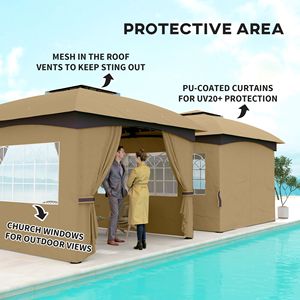 Gazebo de jardin à double toit de 11 pi x 11 pi avec fenêtres de style église et structure en acier galvanisé - Auvent beige - Product Image 5