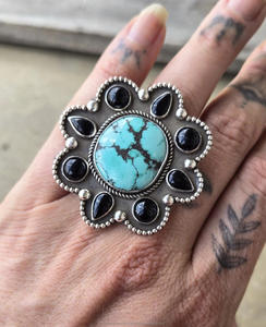 แหวนดอกทานตะวันสีดำนิลสีเขียวขุ่น925สไตล์ตะวันตกเฉียงใต้ทำด้วยมือสไตล์วินเทจสีเงินทึบงานแต่งงานงานเลี้ยงที่ไม่ซ้ำกัน - Product Image 4